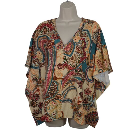 Tops - Paisley Tan Green V-Neck Blouse Pullover Dolman Sleeves Women Size L Loose Fit